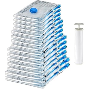 amazon basics vacuum compression storage bags with hand pump - 15-pack 2 x-jumbo 5 jumbo 4 large 4 medium