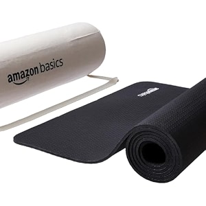amazonbasics yoga mat  6 mm thick mat  bag included  grippy surface  anti slip exercise mat  tpe and eva material  yoga mat for men amp women  exercise mat for gym or home black