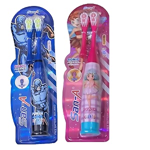 amb kids cartoon printed extra soft electric battery powered toothbrush for boys and girls blue and pink electric toothbrush for boys and girlspack of 2