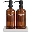 Amber Glass Hand and Dish Soap Dispenser Set by Brighter Barns - Kitchen Soap Dispenser Set with Tray for Kitchen, Airbnb, Vacation Rental or Restaurant - Modern Kitchen Decor &amp; Accessories (Amber)