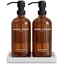 Amber Glass Soap and Lotion Dispenser Set with Tray by Brighter Barns - Hand Soap Dispenser Bathroom Set &amp; Stainless Steel Pump for Home, Restaurant, Spa - Neutral Bathroom Decor &amp; Accessories (Amber)