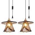 Amber Plug in Pendant Light 2-Pack with 14.7ft Cord Vintage Glass Blown Hanging Lamp Flower Shade Chandelier Mid Century Modern Lampshade for Kitchen Island, Bedroom, Bulb not Include