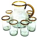 Amber Rim 120 oz Pitcher and 6 Drinking Glasses set, Recycled Glass, Lead-free, Toxin-Free (Pitcher &amp; Glasses)