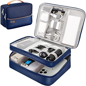 leather gadget organizer travel cable accessories bag electronics organizer portable storage case for cable cord charger adapter power bank hard drives navy blue