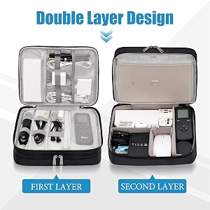 leather gadget organizer travel cable accessories bag electronics organizer portable storage case for cable cord charger adapter power bank hard drives black