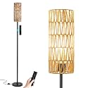 Ambimall 64'' Floor Lamps for Living Room with Remote Control and Stepless Dimmable Colors Temperature &amp; Brightness, Boho Black Standing Lamp with Beige Rattan Shade
