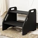 AMBIRD Wooden Step Stool - Two-Step 300 lbs Capacity With Safety Non-Slip Pads and Handles, Bamboo for Bathroom, Kitchen, Dual Height for Adults (Black)