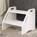 AMBIRD Wooden Two Step Stools Toddler with Safety Non-Slip Pads and Handles, Bamboo Step Stool for Bathroom, Bedroom, Kitchen Dual Height Step Stools for Kids (White)