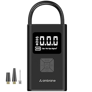 ambrane wired tyre inflator air pump for cars with digital display amp led light 60w with up to 100 psi portable air compressor with nozzles for car bike motorcycle sports ball turbo lite black