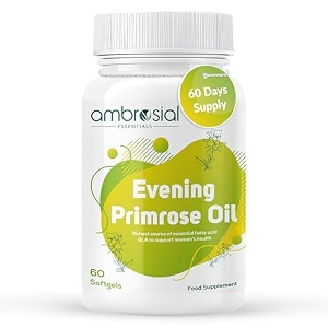 ambrosial evening primrose oil epo 1000mg  60 capsules  rich source of omega 6 amp gla womens daily wellness support non-gmo gluten free  no artificial preservatives pack of 1-60 softgels