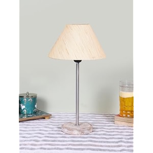 conical off white cotton shade lamp with steel amp white brushed wood base -10x10x165 inches