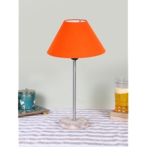 conical orange cotton shade lamp with steel amp white brushed wood base -10x10x165 inches
