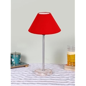 conical red cotton shade lamp with steel amp white brushed wood base -10x10x165 inches