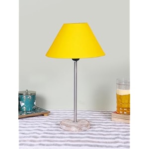 conical yellow cotton shade lamp with steel amp white brushed wood base -10x10x165 inches