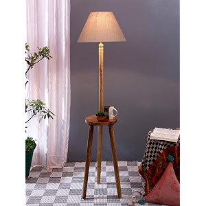 grey cotton conical wooden floor lamp -25-14x5575inches -tripod natural