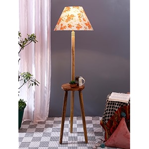 printed cotton conical wooden floor lamp -33-14x5575inches -tripod natural