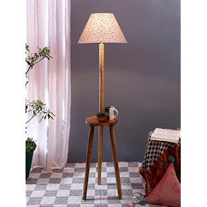 printed cotton conical wooden floor lamp -3414x5575inches -tripod natural