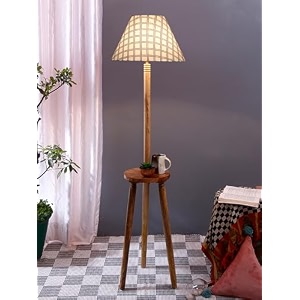 printed cotton conical wooden floor lamp -36-14x5575inches -tripod natural