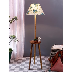 printed cotton conical wooden floor lamp -32-14x5575inches -tripod natural
