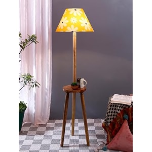 printed cotton conical wooden floor lamp -38-14x5575inches -tripod natural