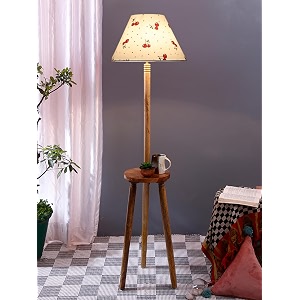 printed cotton conical wooden floor lamp -35-14x5575inches -tripod natural