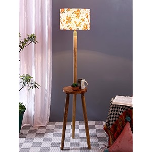 printed cotton drum wooden floor lamp -14 12x567inches -tripod natural