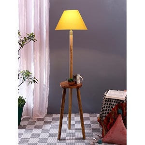 yellow cotton conical wooden floor lamp -24-14x5575inches -tripod natural