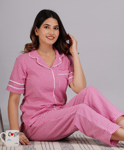 Ameerah Women Checkered Pink Shirt Pyjama
