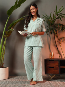 ameerah women striped green shirt  pyjama set