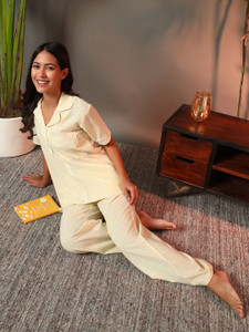 ameerah women striped yellow shirt  pyjama set