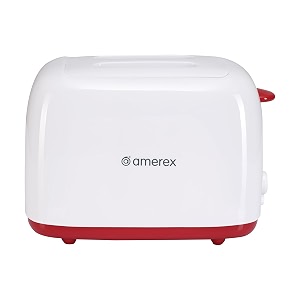 amerex 700w krispy 2 slice pop-up toaster  2 slice slots auto pop-up dust lid cord wrap storage removable crumb tray food grade heating element  white electric toaster