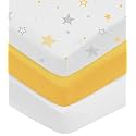American Baby Company 3 Pack Fitted Crib Sheets 52x28", Yellow/Star/White