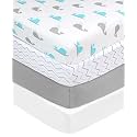 American Baby Company 4 Pack Fitted Crib Sheets 28" x 52", Soft Breathable Neutral 100% Cotton Jersey Sheet, Blue Zigzag/Aqua Whale/Gray/White, for Boys and Girls, Fits Crib and Toddler Bed mattresses