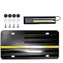 American Black USA Emergency Dispatchers Safety Telecommunication Support Honoring Embossed Flag Aluminum 4 Hole Novelty License Plate, 3D Stars Stripes Textile US Flag Keychain (Yellow LINE)