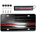 American Black USA Firefighter Support Honoring Embossed Flag Aluminum 4 Hole Novelty License Plate, 3D Stars and Stripes Proud Patriotic Vanity Gift with Textile US Flag Keychain (RED LINE)
