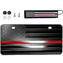 American Black USA Firefighter Support Honoring Embossed Flag Aluminum 2 Hole Novelty License Plate, 3D Stars and Stripes Proud Patriotic Vanity Gift with Textile US Flag Keychain (RED LINE)