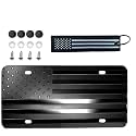 American Black USA Flag Embossed Custom Designed Aluminum Metal 4 Hole Novelty License Plate, 3D Stars and Stripes Patriotic Vanity Gift Textile Proud US Flag Keychain (Black)