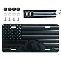 American Black USA Flag Mountains Embossed Off-Road Aluminum Metal 4 Hole Novelty License Plate, 3D Stars and Stripes Patriotic Vanity Gift License Plate Textile US Flag Keychain