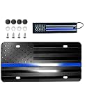 American Black USA Law Enforcement Police Support Honoring Embossed Flag Custom Designed Aluminum 4 Hole Novelty License Plate, 3D Stars and Stripes Patriotic Vanity Gift Textile US Flag Keychain