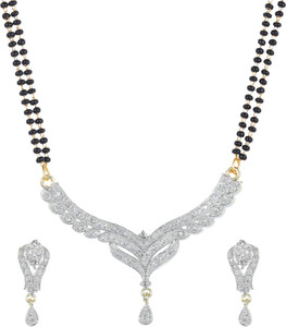 reversea american diamond ad mangal sutra with double chain and earings brass mangalsutra
