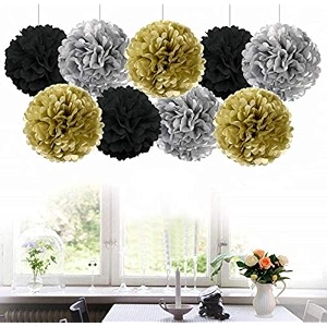 amfin 18 pcs 1034 tissue paper pom pom flower balls for birthday wedding party anniversary welcome baby shower decorations - black beige amp silver