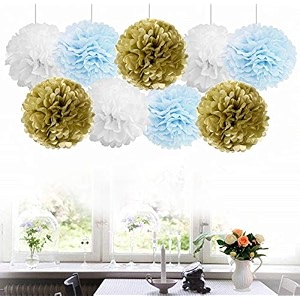 amfin 18 pcs 1034 tissue paper pom pom flower balls for birthday wedding party anniversary welcome baby shower decorations - light blue beige amp white