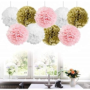 amfin 18 pcs 1034 tissue paper pom pom flower balls for birthday wedding party anniversary welcome baby shower decorations - light pink beige amp white