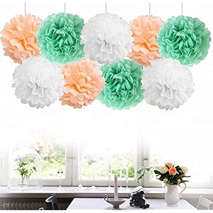 amfin 18 pcs 1034 tissue paper pom pom flower balls for birthday wedding party anniversary welcome baby shower decorations - light blue beige amp white