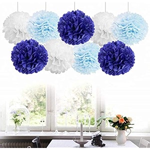 amfin 18 pcs 1034 tissue paper pom pom flower balls for birthday wedding party anniversary welcome baby shower decorations - navy blue light blue amp white