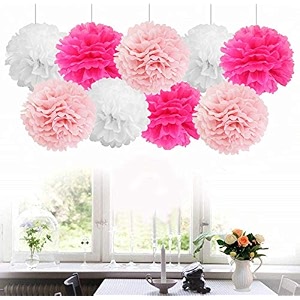 amfin 18 pcs 1034 tissue paper pom pom flower balls for birthday wedding party anniversary welcome baby shower decorations - dark pink light pink amp white