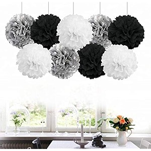 amfin 18 pcs 1034 tissue paper pom pom flower balls for birthday wedding party anniversary welcome baby shower decorations - black white amp silver