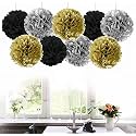 AMFIN® 18 Pcs. 10" Tissue Paper Pom Pom Flower Balls for Birthday Wedding Party Anniversary Welcome Baby Shower Decorations - Black, Beige & Silver