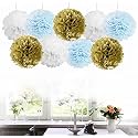 AMFIN® 18 Pcs. 10" Tissue Paper Pom Pom Flower Balls for Birthday Wedding Party Anniversary Welcome Baby Shower Decorations - Light Blue, Beige &amp; White