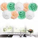 AMFIN® 18 Pcs. 10" Tissue Paper Pom Pom Flower Balls for Birthday Wedding Party Anniversary Welcome Baby Shower Decorations - Light Blue, Beige &amp; White